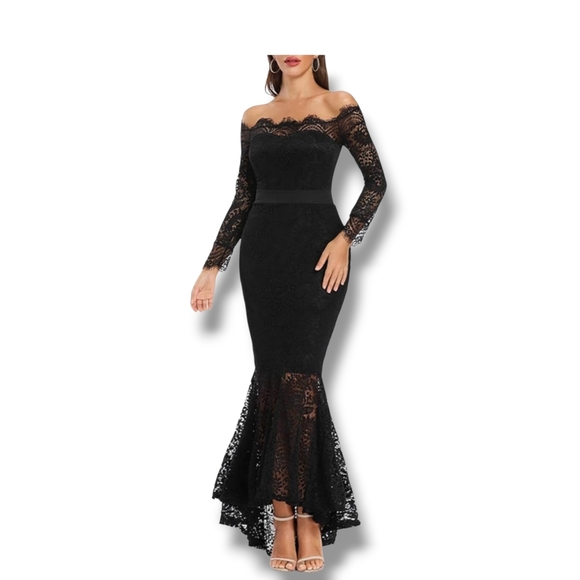 LALAGEN - XXL Black One-Shoulder Lace Mermaid Gown - Picture 2 of 16